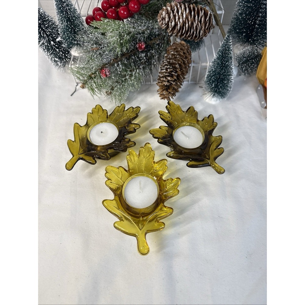 Fall Leaf Glass Votive Candle Holders Gold/Green Set of 3. Vintage
